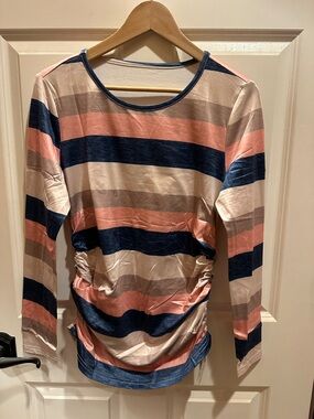 Striped Long Sleeve Ruched Women’s Tee - Pink, Navy & Cream -Maternity